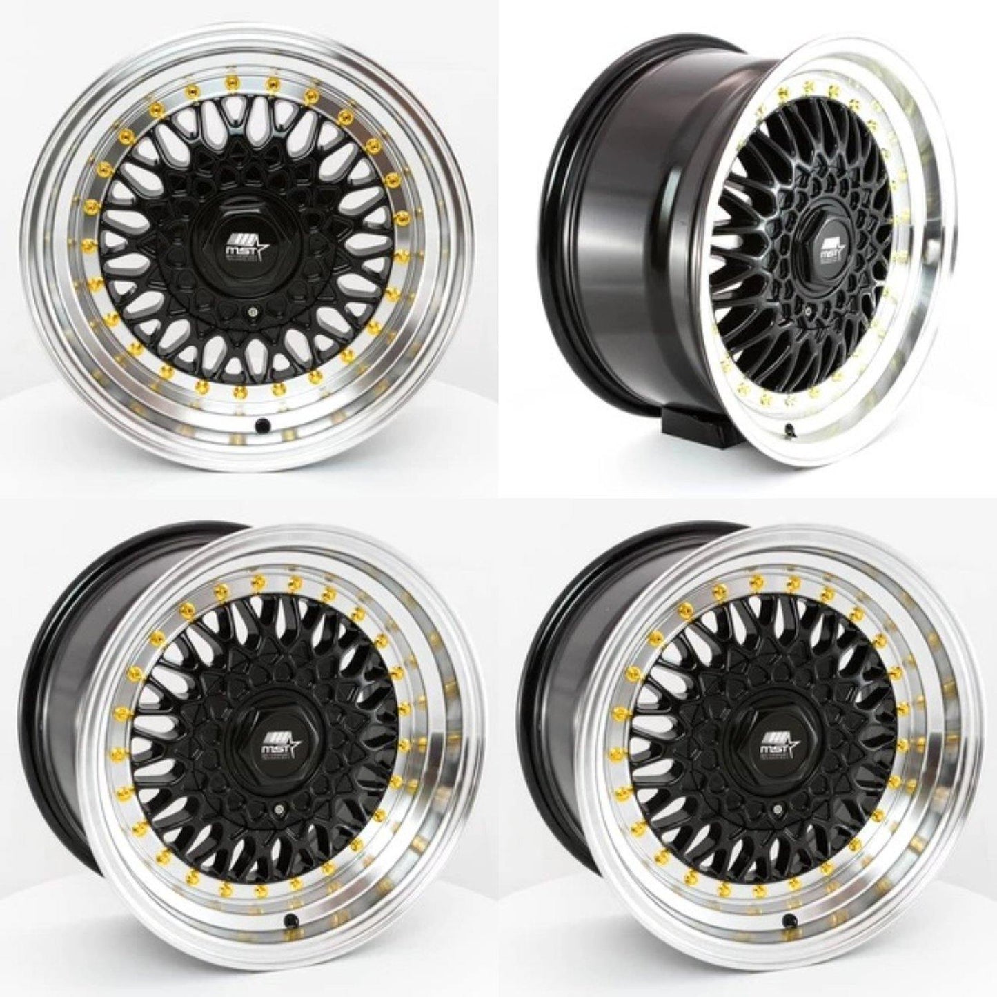 MST MT13 4x100/4x108 15x8.0 20 73.1 Black w/Machined Lip Gold Rivets (SET OF 4) - alphasone