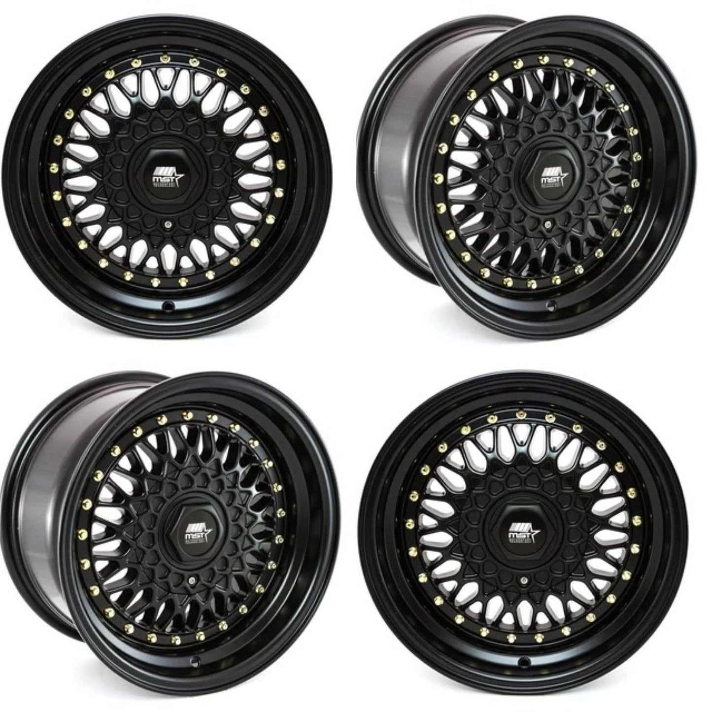 MST MT13 4x100/4x114.3 15x8.0 20 73.1 Matte Black w/Gold Rivets (Set of 4) - alphasone