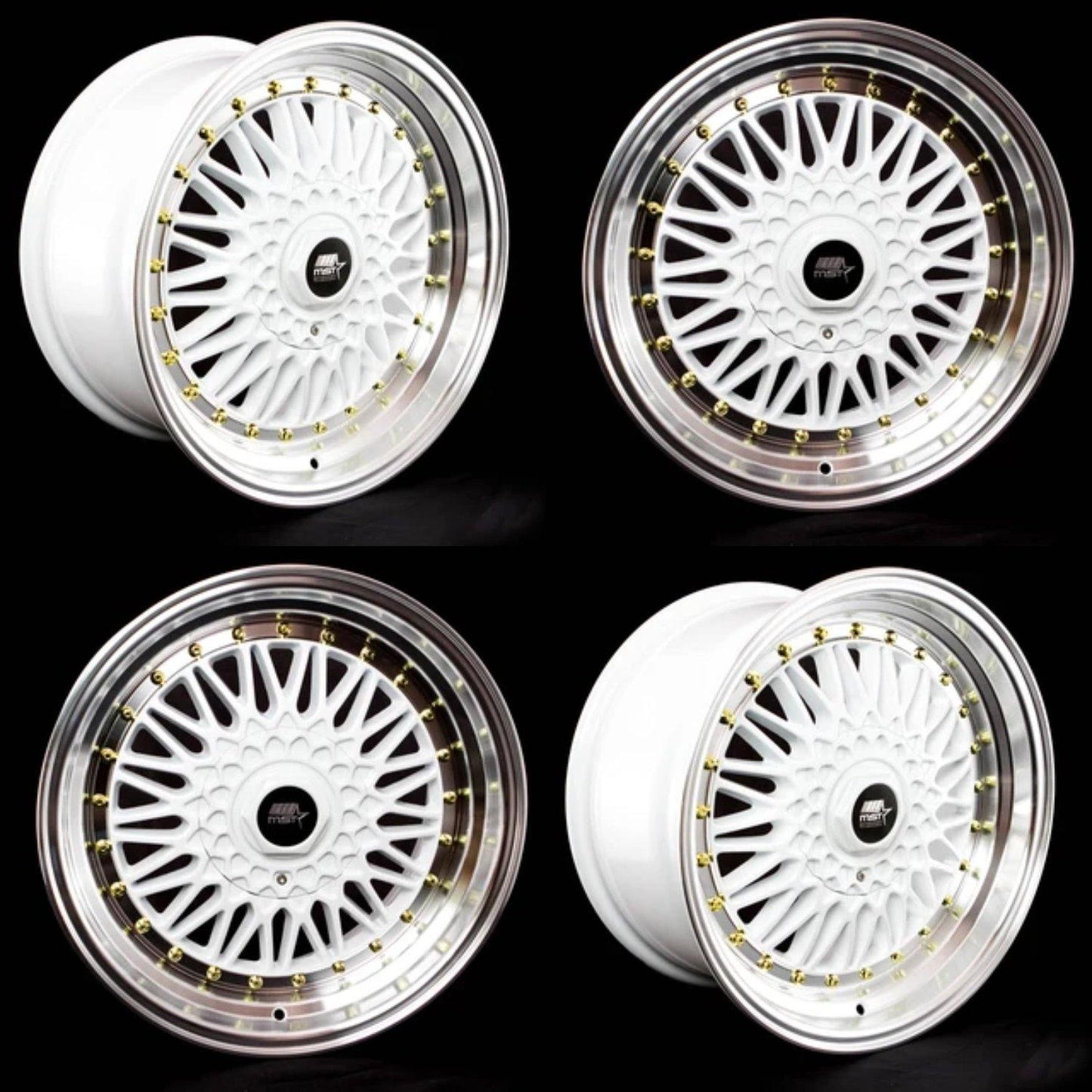 MST MT13 5x100/5x114.3 17x8.5 35 73.1 White w/Machined Lip Gold Rivets (SET OF 4) - alphasone