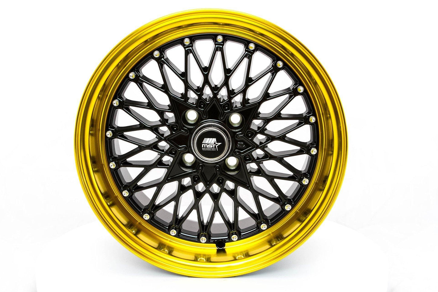 MST MT16 4x100 15x8.0 20 73.1 Black w/Machined Gold Lip (Set of 4) - alphasone