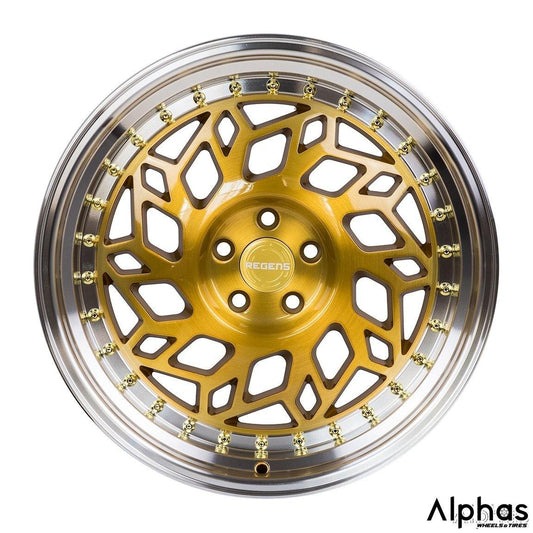 Regen5 R32 18x8.5 5x112 40ET Brushed Gold/Polish Lip (Set of 4 Wheels) - alphasone