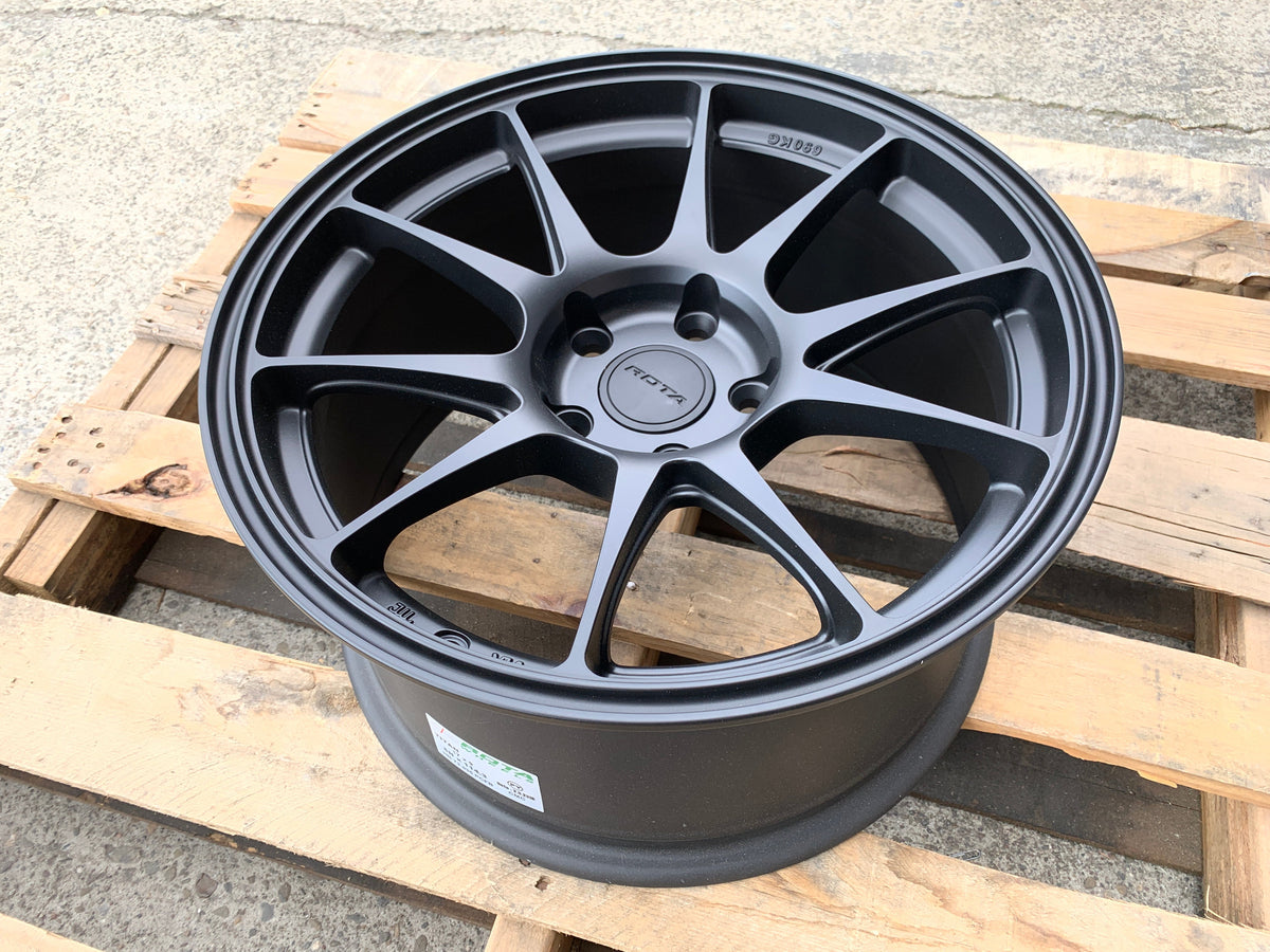 SELL - NEW SET OF 4 - ROTA TITAN-R 18X9.5 5X114.3 +38 73.1 FLAT BLACK FITS 5X4.5 350Z 370Z 240SX MIATA CIVIC RSX ACCORD MAZDA 5 6 WRX Flush FITMENT - alphasone