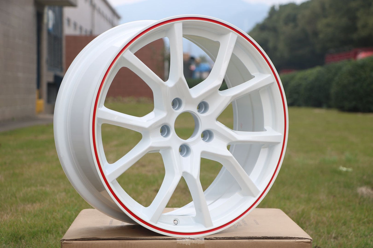SET OF 4 / W314 1418 White Red Lip 18x8.0 ET41 5x114.3 CB73.1 - alphasone