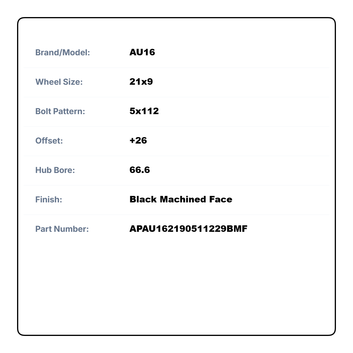 AU16 21x9 5x112 +26 66.6 Black Machined Face