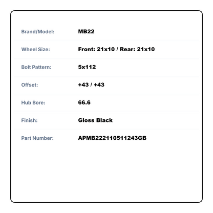 MB22 21x10 5x112 +43 66.6 Gloss Black (Set of 4)