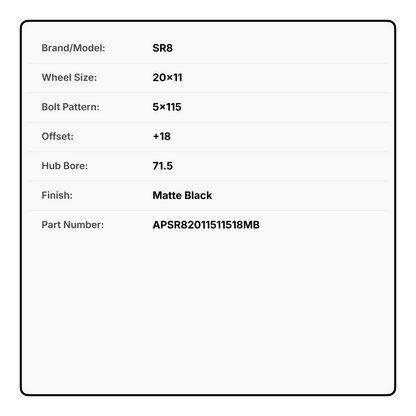 SR8 20x11 5x115 +18 CB71.5 Matte Black